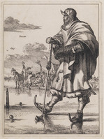 KG 06754
<br/>
Figures à la mode: man op schaatsen, kolf spelend
<br/>
<em>Hooghe, Romeyn de (1645-1708)</em>